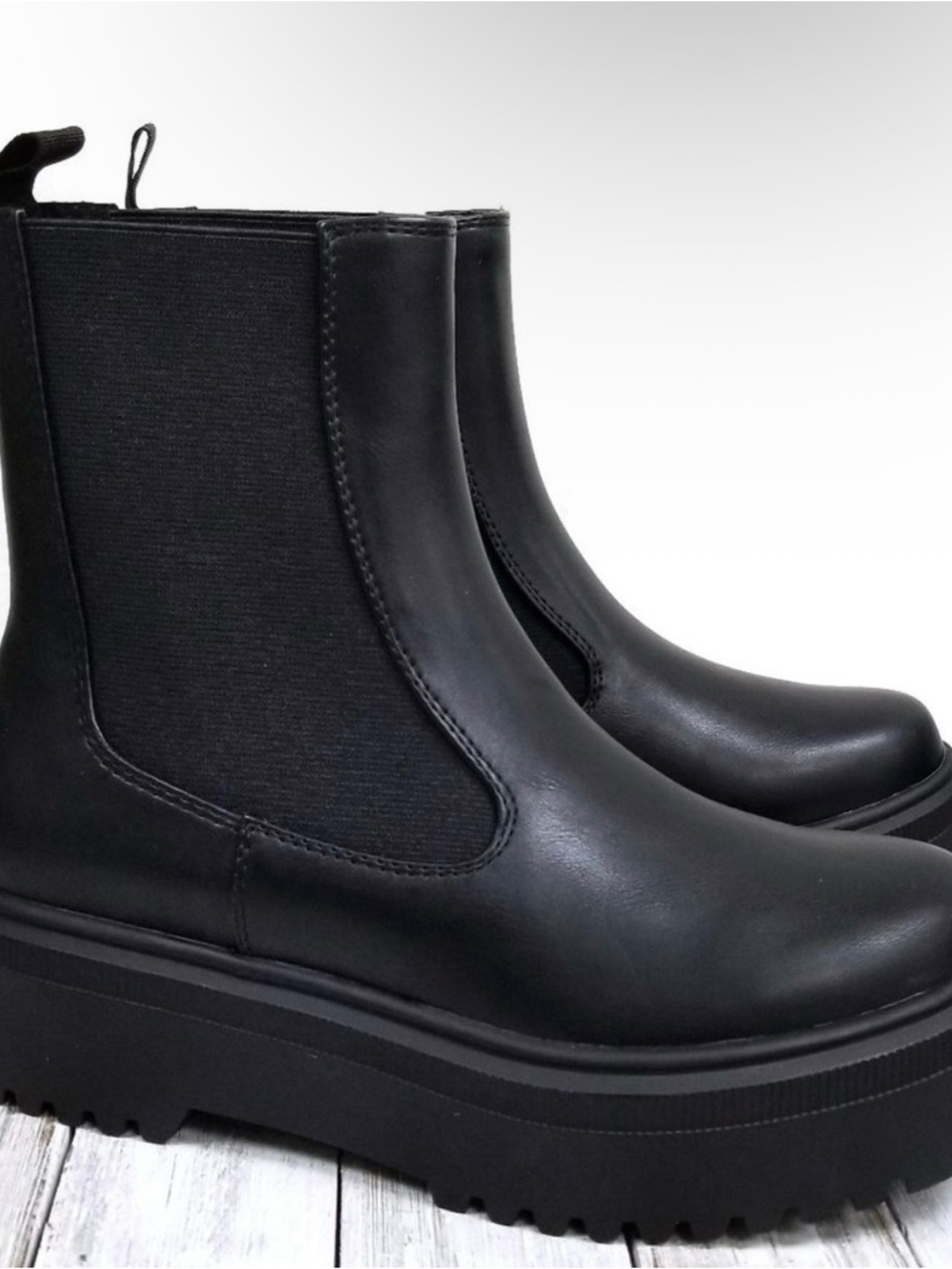 New Black Chelsea Combat Faux Leather Ankle Boots Platform Booties Womens 7.5 38